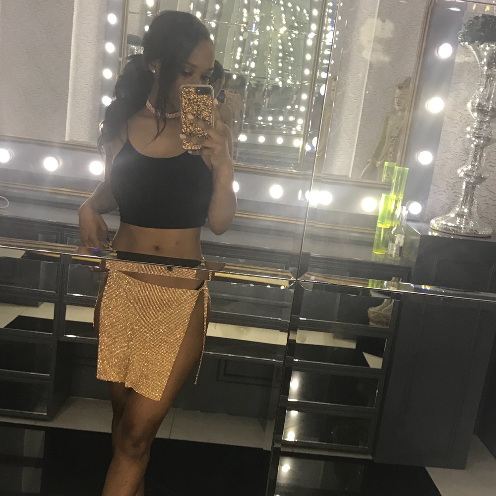Handmade rose gold metal crystal mesh skirt.